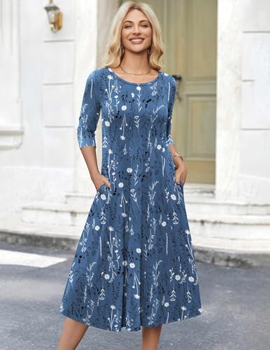 Image of HOTOUCH Women's 3 /4 Sleeve A-line and Flare Midi Long Dress