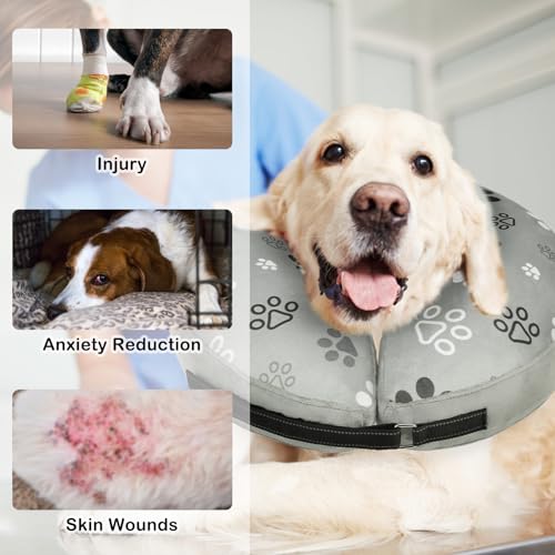 Image of SCENEREAL Dog Cone Alternative After Surgery Donut Collar, Soft Pet Recovery Pillow Collar for Medium Large Dogs, Inflatable Adjustable Neck Collars to Prevent Licking, Grey Footprints L
