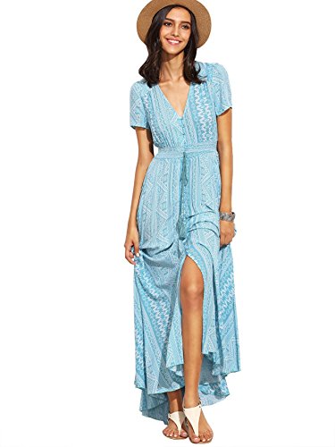 Milumia Women's Button Up Split Floral Print Flowy Party Maxi Dress Large Light Blue