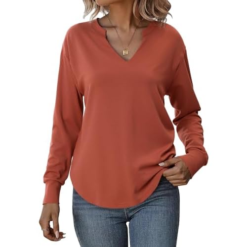Totatuit Sweatshirts for Women V Neck Long Sleeve Shirts Loose Lightweight Curved Hem Casual Pullover Tops 2025 Fall Caramel Large