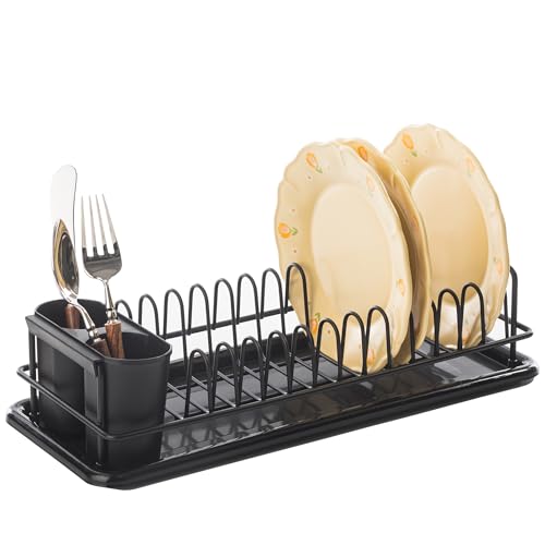 Dish Drying Rack Small, Space Saving Dish Rack for Kitchen Counter, Up to 12 Plates, Rustproof Dish Drainer with Removable Utensil Holder, Black