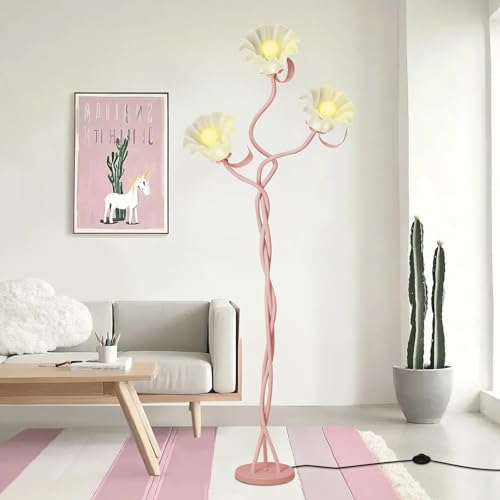 Vintage 3 Heads Flower Floor Lamp for Living Room,3 Color Modes LED Modern Corner Standing Lamp with Goosenecks, Bright Tall Cute Dimmable Lamp for Kids Reading Girls' Bedroom Office Home Decor(Pink)