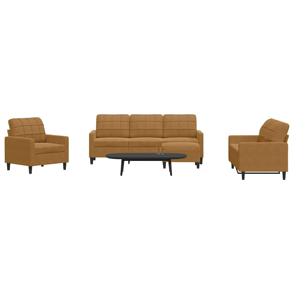 Juego de 4 sofás de terciopelo marrón, acolchado suave, con sillón, sofá de 2 plazas, sofá de 3 plazas y reposapiés, estructura de metal resistente, para salón, oficina, recepción, etc