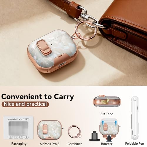 Image of for AirPods Pro 3 Case 2025 with Safety Lock-Beige Luxury Pearl | As Phone Stand, for Women Girly, with Keychain & Cleaner Kit,Two-Piece Design,Support Wireless Charging,Clear TPU+PC Material