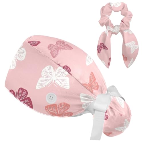 Image of Butterfly Scrub Cap Women with Ponytail & Buttons Adjustable Surgical Nurse Hat with Cotton Sweatband for Long Hair