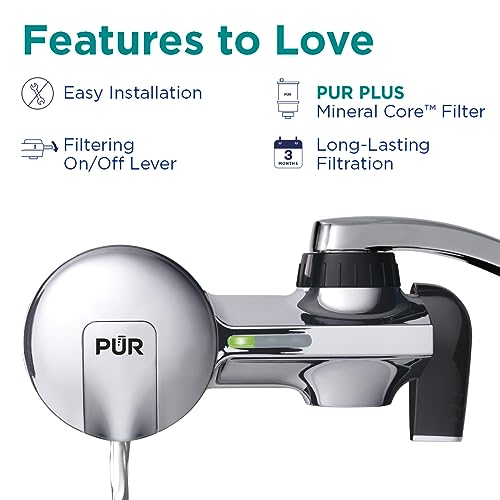PUR PLUS Horizontal Faucet Mount Water Filtration System with 3-in-1 Lead Reducing Filter for Great-Tasting Filtered Tap Water, Lasts 100 Gallons, Fits Most Kitchen or Bathroom Faucets, Chrome