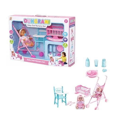 Image of DUNGRANI 3 in 1 Baby Doll Stroller Set Toys for Girls Toddlers 3-5 4-6 Year Gifts, Baby's Doll's Set with 12.5 inch Doll /1 Baby Dining Chair /8 PCS Baby Doll Accessories (Special Edition)