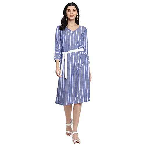 Image of DEEBACO Women's Shift Midi Rayon Printed Striped Dresses for Women 3 /4Th Sleeves V-Neck Straight Dresses for Girls with Belt (Blue)