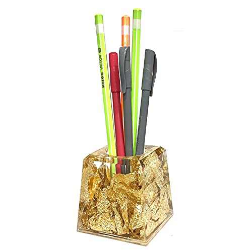 Image of AUGEN Pen Stand Decorative Square Gold Flake Design Stationery Holder | Gift Item | Table Top Decor (9853)