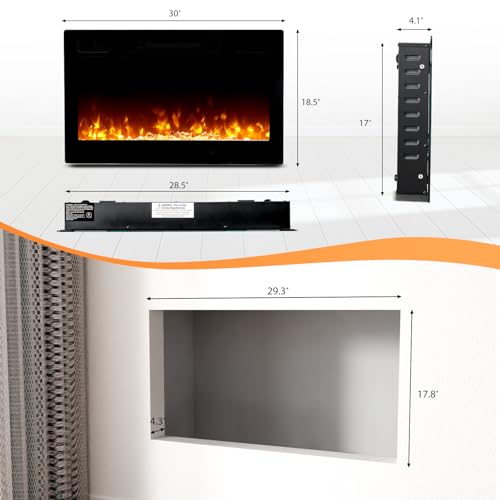 image for ROVSUN 30'' Electric Fireplace, 2-in-1 Ultra-Thin Wall Mounted & Reces