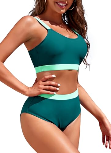Image of Womens High Waisted Bikini Sets Sporty Crop Top Color Block Swimwear Bandeau Scoop Neck Vintage Two Piece Bathing Suits