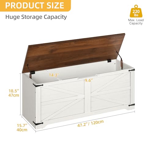 DWVO Storage Bench, 47.2" Farmhouse Storage Chest with 2 Safety Hinges, Wooden Utility Organizer, Shoe Bench for Entryway, Bedroom, Living Room, White and Walnut
