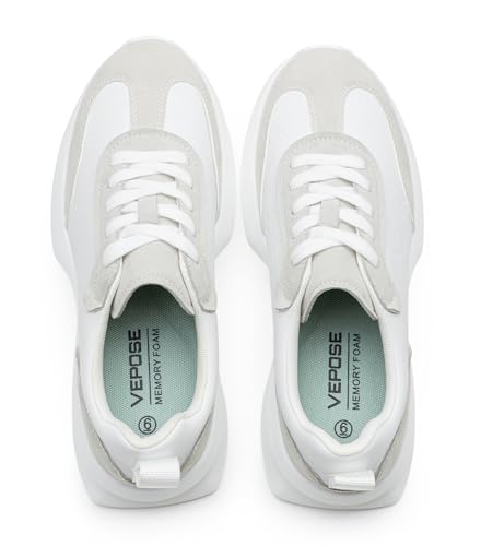Image of Vepose Women's Retro Platform Sneakers Lightweight Lace Up Walking Shoes | Designer dressy chunky sneakers, memory foam cushioning, non slip sole, stylish woven or PU looks, work, travel, errands
