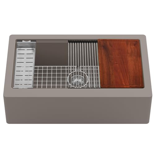 Karran 34" Quartz Composite Undermount Farmhouse Workstation Kitchen Sink in Concrete, Single Bowl, Rear Drain, Deep 9-1/4" Apron, Includes Accessories