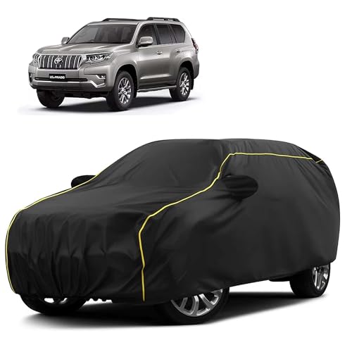 Image of Sulfar 100% Water Resistant Car Body Cover Compatible with Mirror for Toyota Land Cruiser Prado (Triple Stitched, Full Bottom Elastic, Black Taffeta with Yellow Piping)
