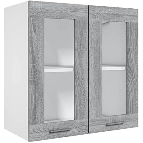 Tidyard Hängeschrank Küchenschrank Aufbewahrungsschrank Einbauküche Küchenzeile Küchenmöbel Oberschrank Küche Schrank,Mit 2 Türen und 1 Regalböden, Glas Grau Sonoma 60x31x60 cm Holzwerkstoff Cover