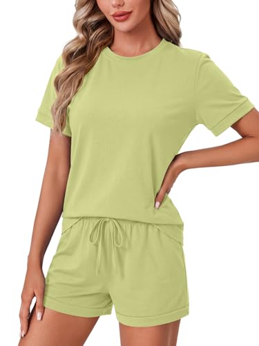 Image of LYANER Pajama Set for Women 2 Piece Lounge Set Striped Crew neck Short Sleeve Tops and Shorts Soft Sleepwear