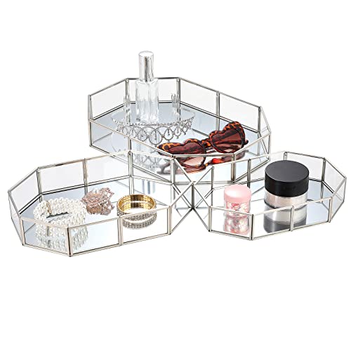 Jetec 3 Pieces Mirror Glass Vanity Tray Silver Ornate Makeup Tray Metal Vintage Octagonal Perfume Dresser Trays for Bedroom Home Decor Dresser Hotel, 3 Sizes