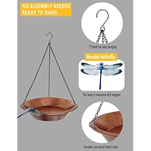 Hanging Bird Bath for Outdoor Antique Copper Metal Bird Feeder Birdbath Bowl with 17 Rust Proof Black Chains for Garden Backyard Decor