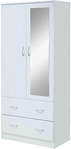 HODEDAH Armario de madera de 2 puertas con barra de ropa dentro del gabinete, 2 cajones para almacenamiento y espejo, color blanco