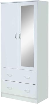 HODEDAH 2 Door Wood Wardrobe Bedroom Closet with Clothing Rod inside Cabinet, 2 Drawers for Storage and Mirror, White