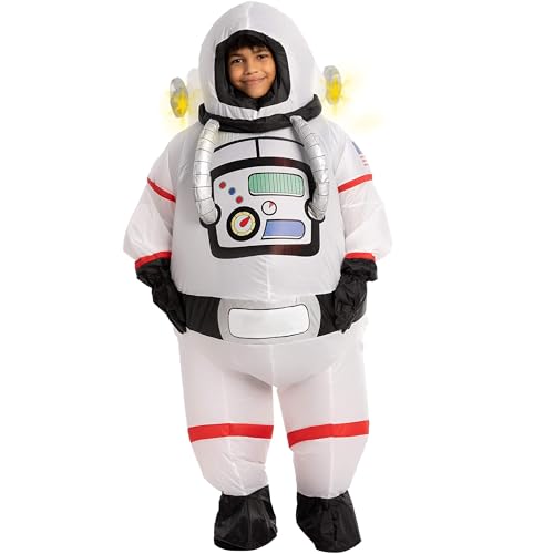 Spooktacular Creations Inflatable Astronaut Costume Kids, White Full Body Space Costume with LED Light on Jetpack, Spaceman Blow up Suits with Gloves- Child 7-10 yrs