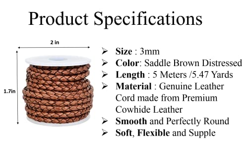 Genique Real/Genuine Round Braided Leather Cord String Rope Folded, Leather Rope For Crafts, Jewelry Making, Necklace, Bracelets (5 Metres) (3Mm, Saddle Brown Distressed) #TOP2