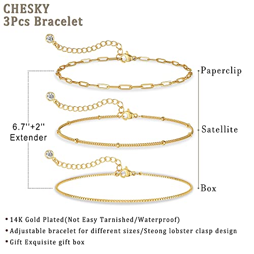 Chesky Gold Chain Bracelets For Women, 14K Gold Plated Bracelets For Women Adjustable Stackable Bracelets Sets Box Satellite Paperclip Chain Bracelets Cute Trendy Waterproof Minimalist Gold Jewelry #TOP4