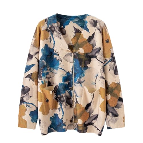 Image of TBUS Women's V Neck Oversized Cat Print Cardigan, Boho Patchwork Knit Sweater Long Sleeve Button Front with Pockets