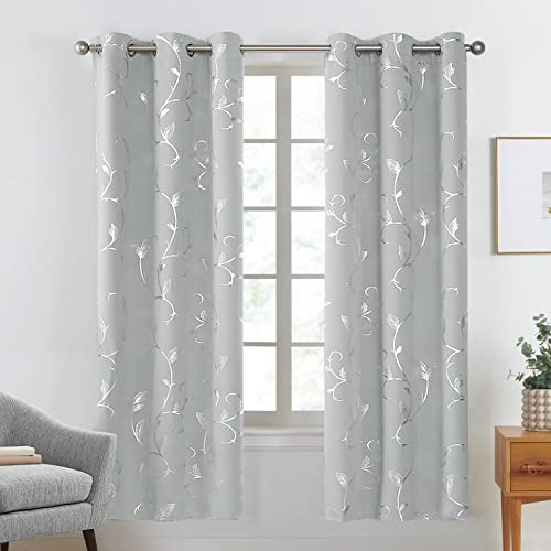 BUHUA Silver Grey Blackout Curtain 2 Panel Set Vine Foil Print Thermal Insulated Drapes Room Darkening Curtains Grommet Window Treatment, 38 x 72 Inch, Silver Grey by BUHUA - Used condition - Image 2