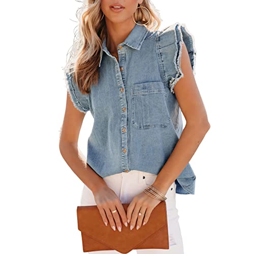 Women's Denim Top Casual Distressed Button Down Cap Sleeve Ruffle Blouses Summer Sleeveless Collared Jean Shirt