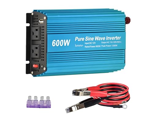 DC 12V to AC120V Pure Sine Wave Power Inverter 600W with Dual sockets Output and DC 5V 2Amp USB Output. Ideal for Most Small Power appliances. (600W)