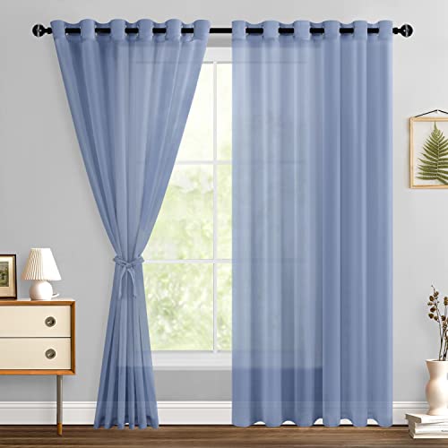 Hiasan Dusty Blue Sheer Curtains with Tiebacks, W70 x L84, 2 Panels