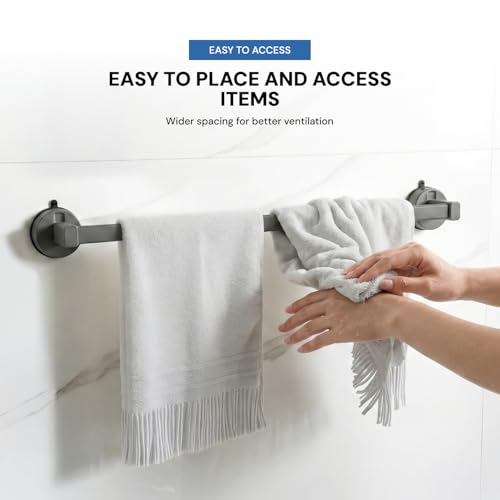 Image of MIORAH Suction Towel Holder for Bathroom - Rust - Free Powder Coated Wall Mounted Towel Rack No Drill Towel Rack Modern Bathroom Accessories Organizer Grey