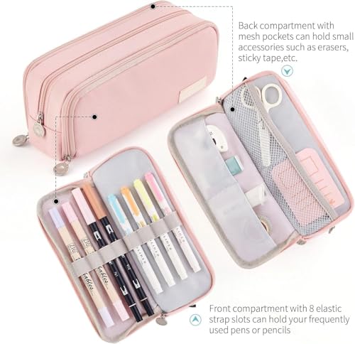 Image of OSDUE Canvas Premium Pencil Case, 6 Layer, 3 Compartments, Large Capacity, Cute Aesthetic Design for Girls, Multifunctional Pouch for School Kids (Queen Pink, Pink, Horizontal)
