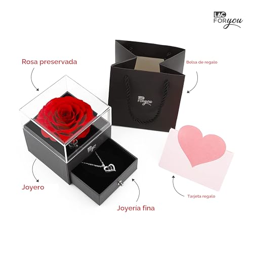 Miniatura 7 de Lac For You Rosa Eterna Natural Preservada - Regalos Originales Para Mujer - Caja Rosa Preservada Con Collar Regalo Novia, Madre Cumpleaños, Aniversario - Roja