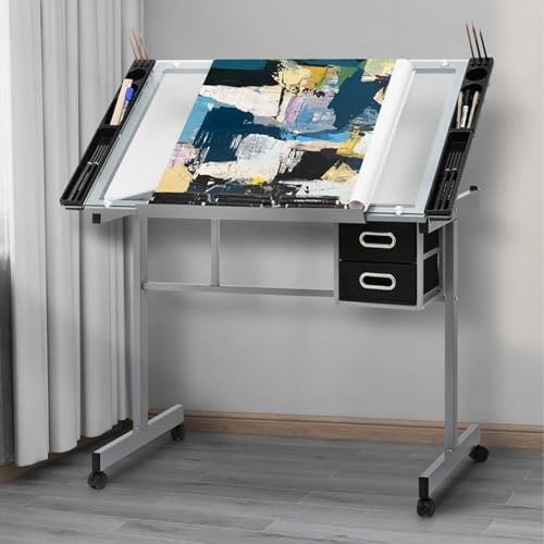 Mobile Table Bedside Stand Adjustable Office and Home Folding Table,Drafting Table,Drawing Table, Art Desk, Adjustable Drafting Table with Glass Tablet(