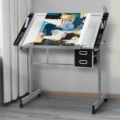 Table de dessin avec plateau de verre inclinable pour ranger vos outils