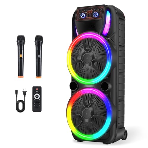 Dual 15'' Party Bluetooth Speaker, Portable PA Speaker Systems with 2 Wireless Microphones & Remote Control, Karaoke Machine with DJ Lights, TWS, REC, FM Radio, Bass/Treble Adjustment