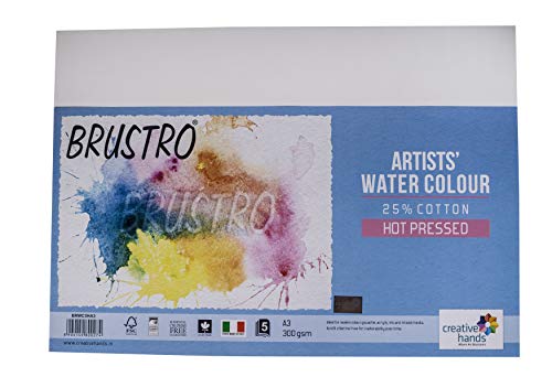 Image of BRUSTRO Artists 25% Cotton Watercolour Paper, Hot Pressed, 300 GSM, Size A3 - Pack of 10 Sheets | Ideal for Watercolor,Acrylic,Gouache,Charcoal,Graphite,Ink & Other Mixed Media