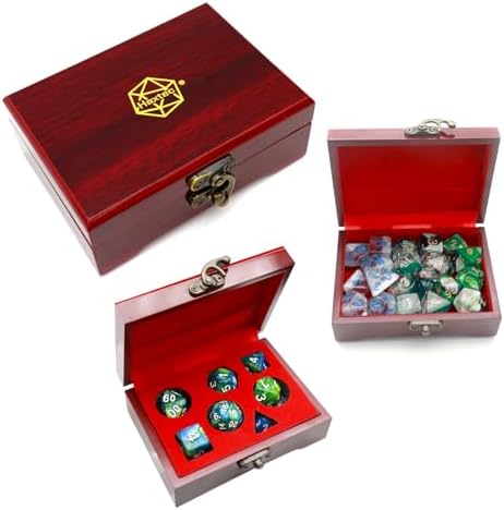Haxtec Mystery DND Dice Set with Wood Dice Case Dual-Purpose Wooden Dice Box with Foam Insert DND Gifts D&D RPG Dice Set with Box