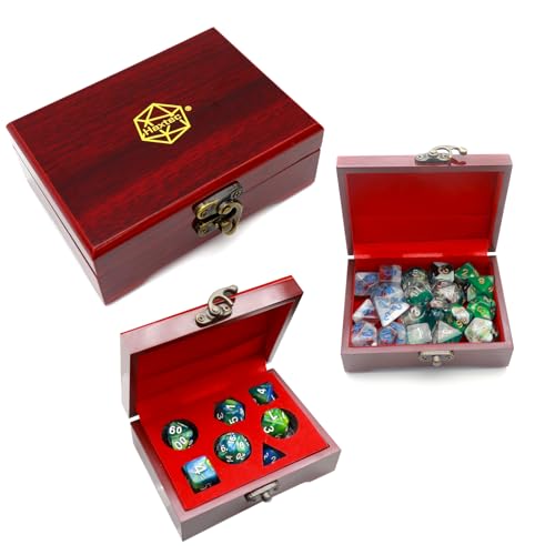Haxtec Mystery DND Dice Set with Wooden Dice Case for D&D, Pathfinder, Warhammer & More