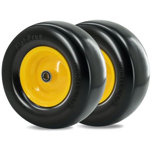 13 x 5.00-6 Tire and Wheel Flat Free Lawn Mower tires with 3/4 & 5/8 Bearings 3.25-6.25 Adjustable Hub 13x5x6 Zero Turn Tires for Garden Tractors Zero Turn mowers Yellow (2 Pcs)