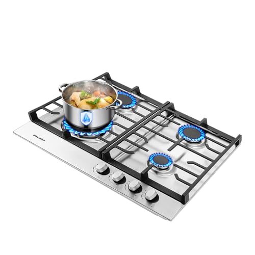 Weceleh 24 inch Gas Cooktop, 4 Burners Bulit-in Gas Stove 27400BTU with Thermocouple Protection,Easy Knob Control,NG/LPG Convertible Stainless Steel Easy Clean for Kitchen