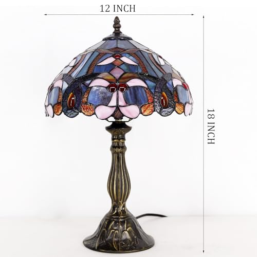 Image of WERFACTORY Tiffany Lamp Blue Pink Stained Glass Table Lamp 18 Inch Tall