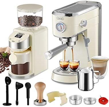 Gevi 20 Bar Compact Professional Espresso Coffee Machine with Milk Frother for Espresso, Latte and Cappuccino Burr Coffee Grinder with 35 Precise Grind Settings, Beige