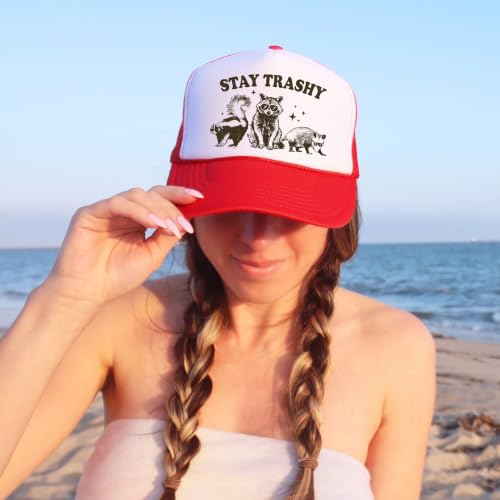 Image of Stay Trashy Funny Raccoon Graphic Classic 5 Panel Mesh Snap Back Trucker Hat