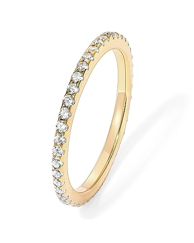 PAVOI 14K Yellow Gold Plated 925 Sterling Silver Stackable CZ Ring for Women | Thin Band for Stacking | Simulated Diamond Eternity Wedding Band | Size 7.5