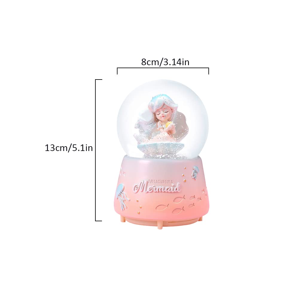 Mermaid Music Snow Globe With LED Lights & Snowfall - 4.3 Inch Glass Ball, Battery Powered, Gift For Girls