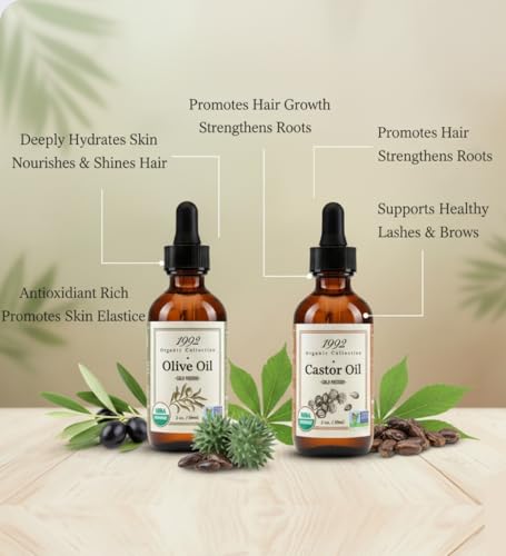 Image of Tropic Isle Living 1992 Organic Collection Castor Oil 2oz /60ml Bundle with Olive Oil 2oz /60ml - Nourishing, Hydrating Oils for Skin and Hair Care - Gift Set (2 Items)